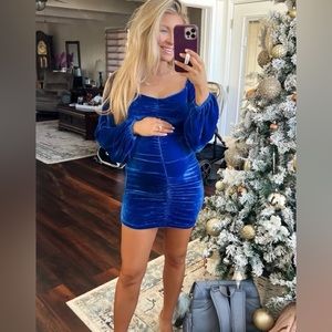 Bright blue velvet mini dress